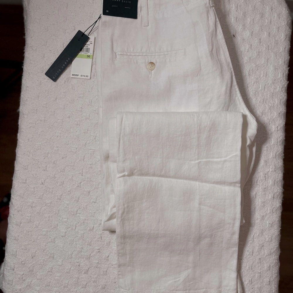 New Perry Ellis white linen trousers straight cut